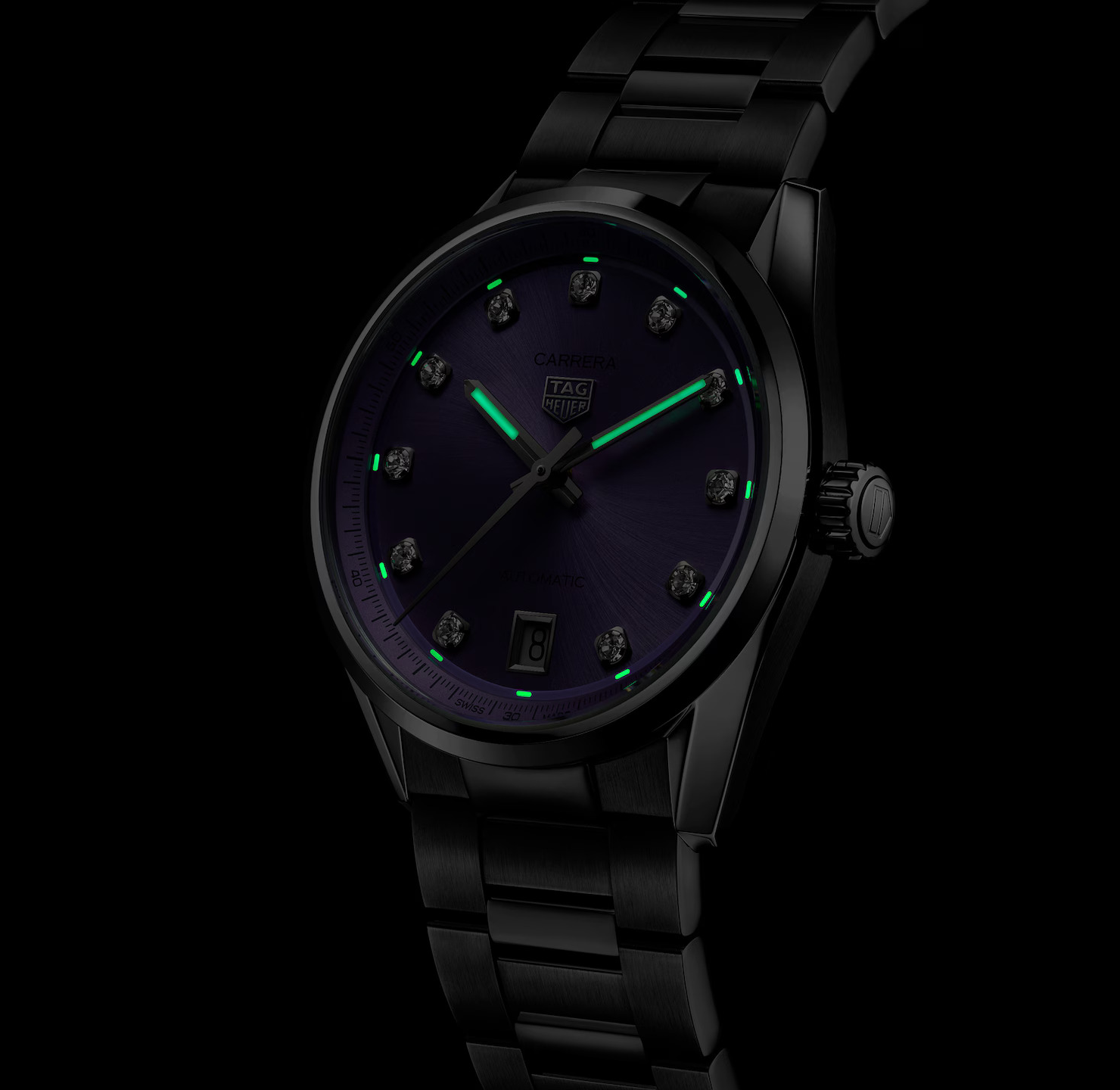 Glow-in-the-Dark TAG Heuer Carrera Date Watch with Lilac Dial